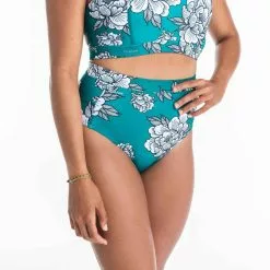OLAIAN Bikini-Hose Damen Hoher Breiter Taillenbund Rosa Peony Grün/weiß